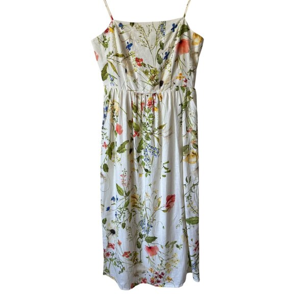 H&M Smocked Linen Blend Sundress Floral Lined Adjustable Straps Midi Summer - Picture 1 of 16